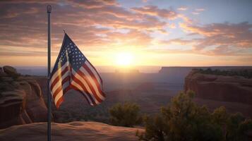 vereinigt Zustände von Amerika Flagge winken im das Wind beim Sonnenuntergang ai generiert Kunstwerk foto