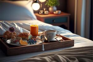 Frühstück auf ein Bett im ein gemütlich Hotel Zimmer. generativ ai foto