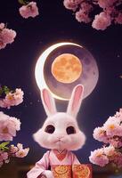 anthropomorph süß und süß Hase halten ein Mond Kuchen Kleid. generativ ai foto