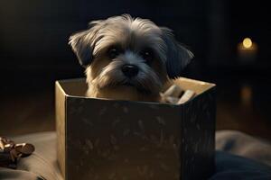 süß Hund suchen aus von Geschenk Kasten. Haustier wie gegenwärtig. generativ ai foto