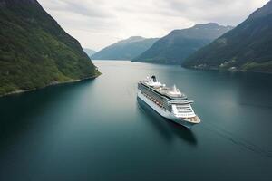 groß Kreuzfahrt Schiff im Fjorde. Tourismus Ferien und Sommer- reisen. generativ ai foto