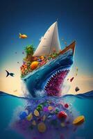ein Hai geformt Segelboot. Digital Illustration. generativ ai. foto