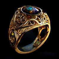 magisch Fantasie golden Ring mit lila Diamant. generativ ai foto