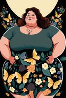 Körper Positivität Illustration mit ein Plus Größe Frau. generativ ai foto