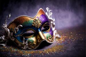 elegant venezianisch Karneval gras Maske Lügen auf Boden. generativ ai foto