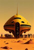 Stammes- UFO Flugzeug im ein Wüste beim brillant Menge. generativ ai. foto