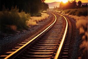 Nahansicht Eisenbahn Spur im das Abend im sonnenuntergang.generativ ai foto