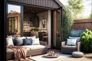 gemütlich Terrasse Bereich mit Garten Möbel gleiten Türen .generativ ai foto