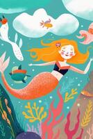 Illustration von süß Mädchen tragen Meerjungfrau Kostüm. generativ ai. foto