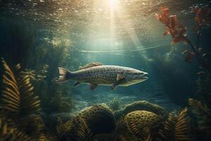 unter Wasser Aussicht von ein Regenbogen Forelle Fisch Schwimmen im das Ozean ai generiert foto