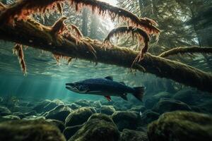 Lachs Fisch Schwimmen im das Meer. unter Wasser Fotografie von ein wild Lachs ai generiert foto