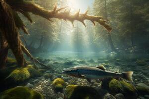 Regenbogen Forelle Schwimmen im ein Fluss mit moosig Felsen und Sonnenlicht ai generiert foto