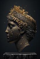 Statue von ein Frau mit golden Krone auf ihr Kopf ai generiert foto