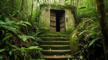 Stein Treppe führen zu das Tür im das Urwald ai generiert foto