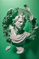 Antiquität Marmor Statue von David mit Blätter auf ein Grün Hintergrund ai generiert foto