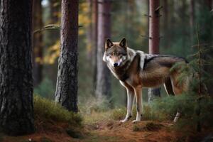 ein Wolf im ein Nord europäisch Wald erstellt mit generativ ai Technologie foto