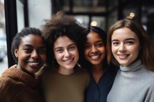 mehrere jung Frauen schließen oben erstellt mit generativ ai Technologie. foto