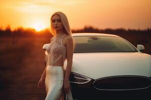 ein sexy Frau im ein elegant Kleid Stehen Nächster zu ein Sport Auto erstellt mit generativ ai Technologie. foto