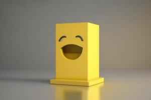 minimal Gelb Podium mit Lachen Lächeln 3d Emotion Symbol Reaktion Gesicht süß Sozial Medien ai generiert foto