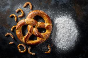 frisch gebacken hausgemacht Brezel mit Meer Salz- klassisch Bier Snack. oben Aussicht eben legen ai generiert foto