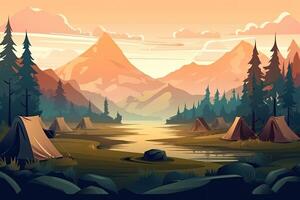 Sommer- Wald oder Berg Tourist Campingplatz oder Campingplatz mit Zelte und Kamin, eben Karikatur Vektor Illustration. Sommer- Rucksacktouristen Camping Hintergrund. generativ ai. foto