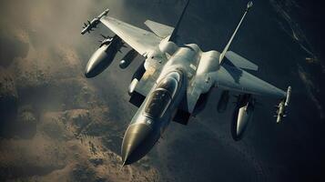 Militär- Kämpfer Flugzeug beim hoch Geschwindigkeit, fliegend hoch im das Himmel. generativ ai foto