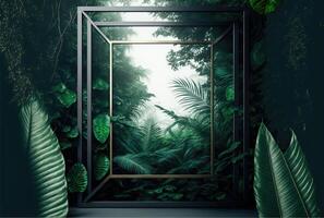 metallisch Rahmen im Grün Dschungel. generativ ai foto
