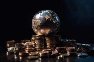 Globus und Stapel mit Münzen. Geld macht das Welt gehen runden. generativ ai foto