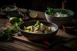 Grün Curry Kaeng kheiyw hwan mit thailändisch Essen zum gedämpft Reis oder Reis Nudeln. thailändisch Essen sehr beliebt. generativ ai foto