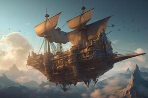 3d Illustration futuristisch von ein Pirat Schiff Segeln auf das Himmel. generativ ai. foto