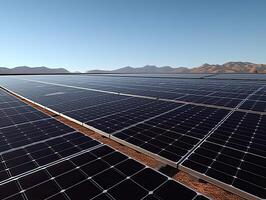 Solar- Paneele Bauernhof oder Solar- Anruf Bauernhof auf Grün Hügel Feld und Blau Himmel Hintergrund .Energie und Öko Umgebung Konzept .Fokus auf zuerst Solar- Tafel. generativ ai. foto