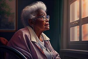 ein einsam alt Frau mit Brille sitzt im ein Rollstuhl und sieht aus aus das Fenster. Einsamkeit und alt Alter. generativ ai foto