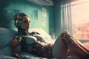 ein weiblich Roboter, Lügen auf ein Bett im das Schlafzimmer. inländisch Helfer. generativ ai foto