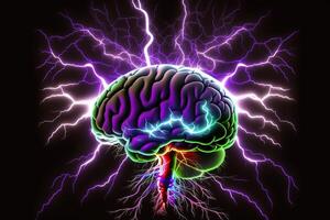 Gehirn sprengen, Neon- glühend Gehirn mit Blitz Schrauben gegen ein schwarz Hintergrund. Brainstorming, Gehirn Aktivität. generativ ai foto