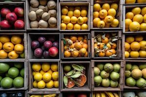 Obst im hölzern Kisten, angezeigt beim das asiatisch Gemüse Markt. Aussicht von das oben. generativ ai foto