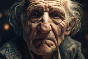 ein Porträt von ein alt, Alten Mann Wer sieht aus direkt in das Kamera. generativ ai foto