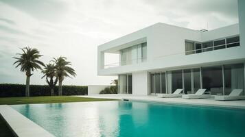 Design, zeitgenössisch Weiß Zuhause mit Panorama- Fenster und Schwimmbad, mit ein Hinterhof mit Blick auf das Ozean. generativ ai foto