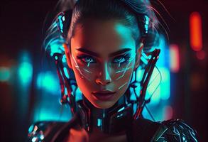 Foto Cyberpunk Frau Porträt futuristisch Neon- Stil. generieren ai