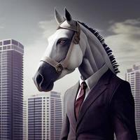 Porträt von ein anthropomorph Pferd Geschäftsmann wandernd das Stadt Straßen. generieren ai. foto