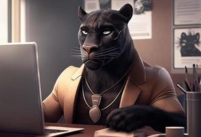 Porträt von ein anthropomorph schwarz Panther wie ein Entwickler im das Büro. generieren ai. foto