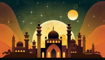 Illustration von ein Moschee, Sterne, und ein eid Mubarak Gruß, Darstellen das Feier von Vertrauen während Ramadan und eid. generativ ai foto