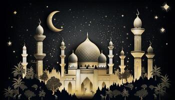 Illustration von ein Moschee, Sterne, und ein eid Mubarak Gruß, Darstellen das Feier von Vertrauen während Ramadan und eid. generativ ai foto