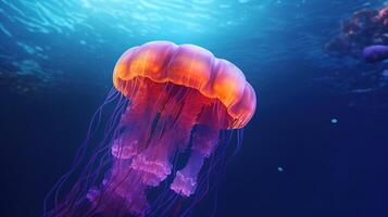 mystisch ozeanisch glühen, zauberhaft Qualle im unter Wasser Welt. generativ ai foto