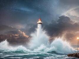 Leuchtturm im das Mitte von das turbulent Meer ai generativ foto