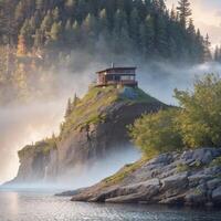 Hütte auf oben von ein Cliff im das Mitte von das Wald ai generativ foto