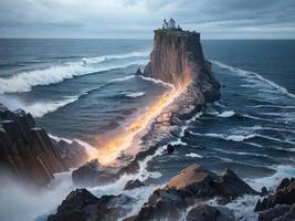 Leuchtturm im das Mitte von das turbulent Meer ai generativ foto