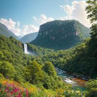 schön Aussicht von ein Wasserfall Innerhalb das Urwald ai generativ foto