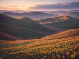 Landschaft von Blume Felder Dehnen zu das Horizont beim Sonnenuntergang ai generativ foto