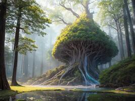 großartig Baum im das Mitte von das Wald ai generativ foto