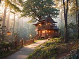 Hütte im das Mitte von das Wald ai generativ foto